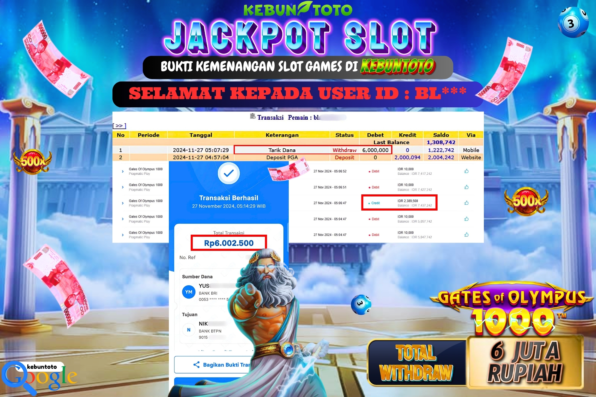 KEBUNTOTO JACKPOT SLOT GATES OF OLYMPUS 1000 Rp.6.000.000,- LUNAS