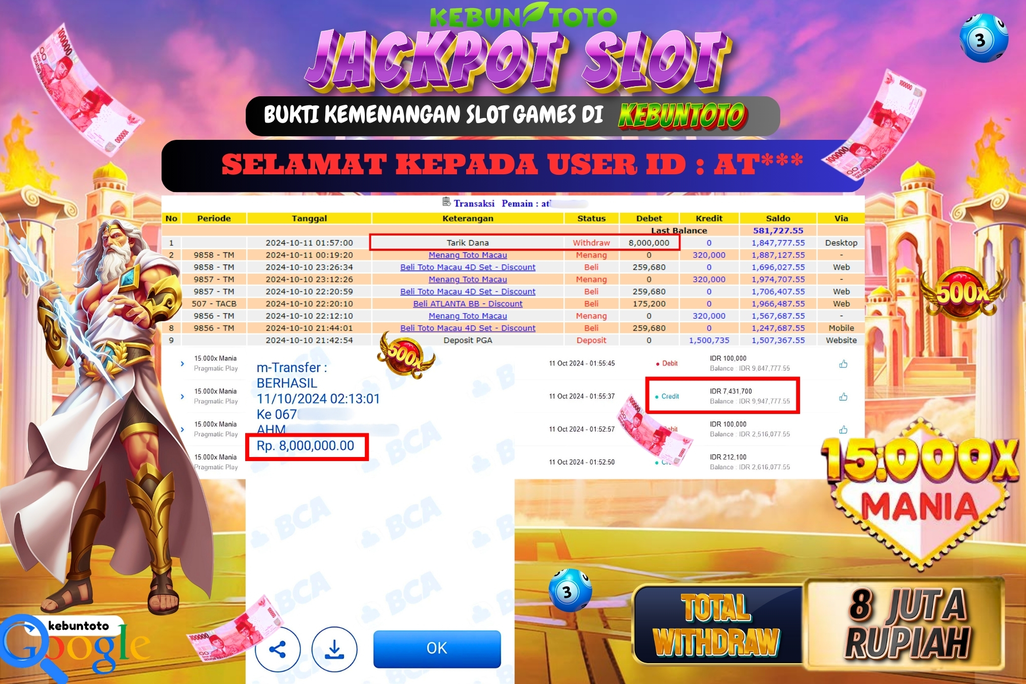 KEBUNTOTO JACKPOT SLOT 15.000x MANIA Rp.8.000.000,- LUNAS
