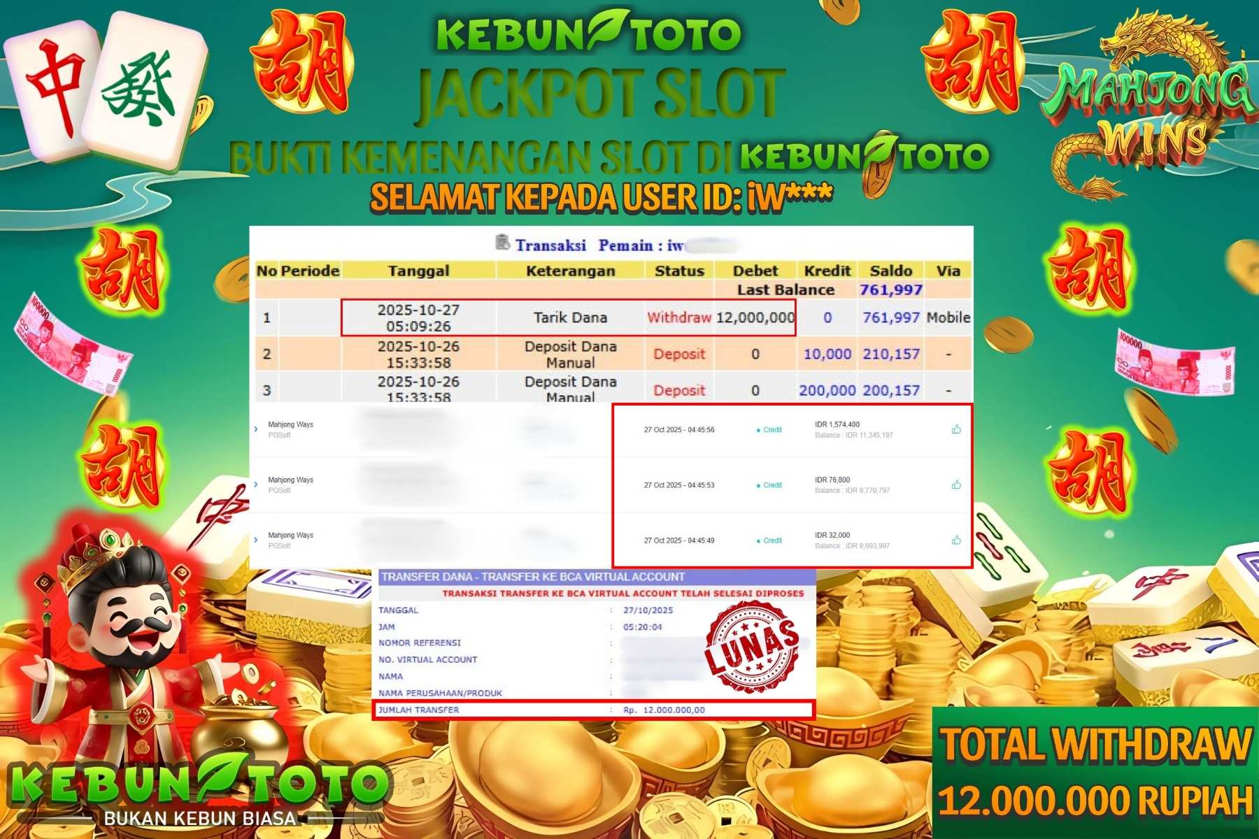 Bukti Kemenangan Rp 12.000.000 SLOT MAHJONG WAYS di KEBUNTOTO!