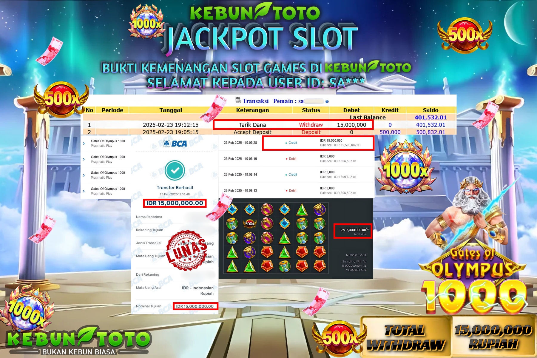 KEBUNTOTO JACKPOT, SLOT GATES OF OLYMPUS 1000 Sebesar Rp 15.000.000,- LUNAS