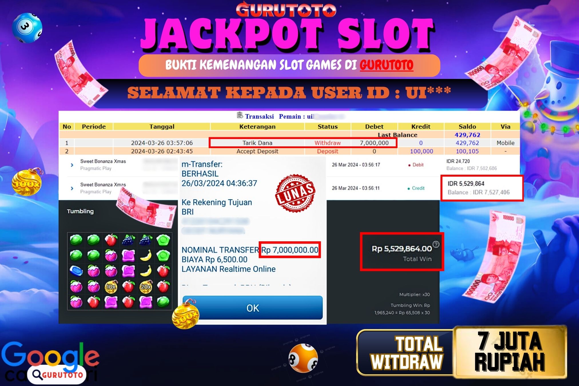Jackpot Slot Sweet Bonanza di Gurutoto sebesar Rp.7.000.000 telah dibayar lunas.