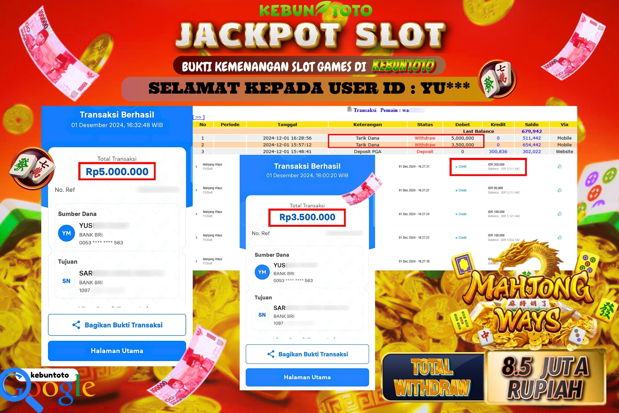 KEBUNTOTO JACKPOT SLOT MAHJONG WAYS Rp.8.500.000,- LUNAS