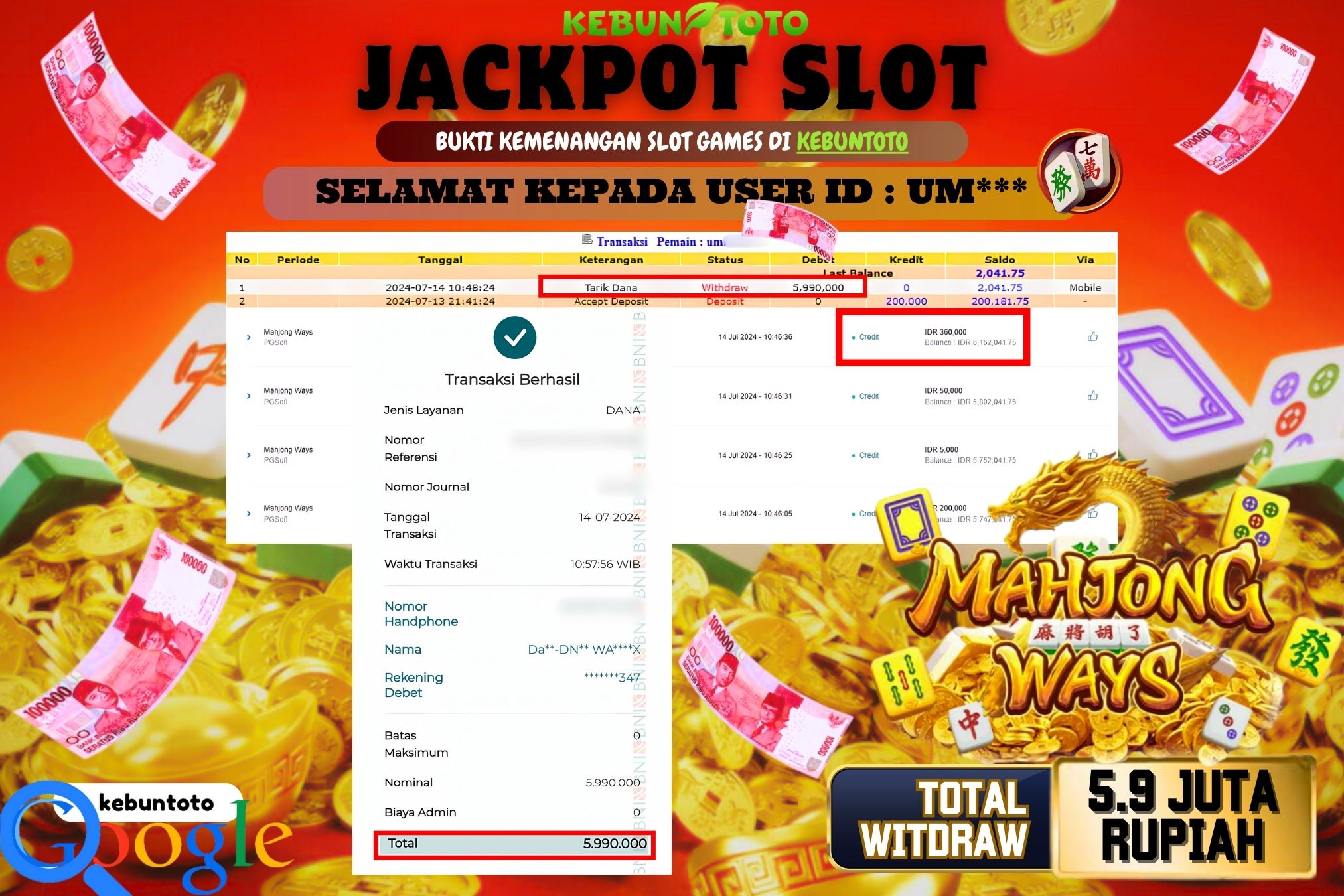 KEBUNTOTO JACKPOT SLOT MAHJONG WAYS Rp.5.990.000,- LUNAS