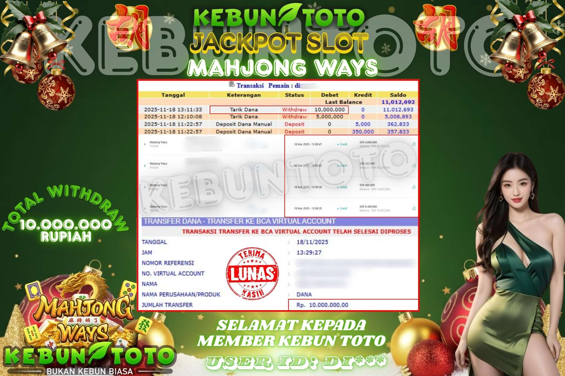 Bukti Kemenangan Rp 10.000.000 SLOT MAHJONG WAYS di KEBUNTOTO!
