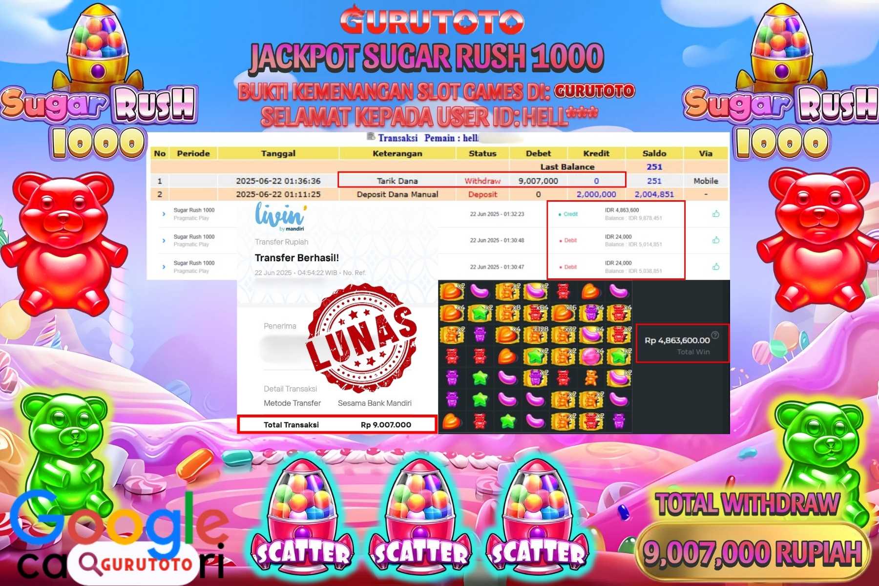 Bukti Kemenangan Rp 9.007.000 SLOT SUGAR RUSH 1000 di GURUTOTO!