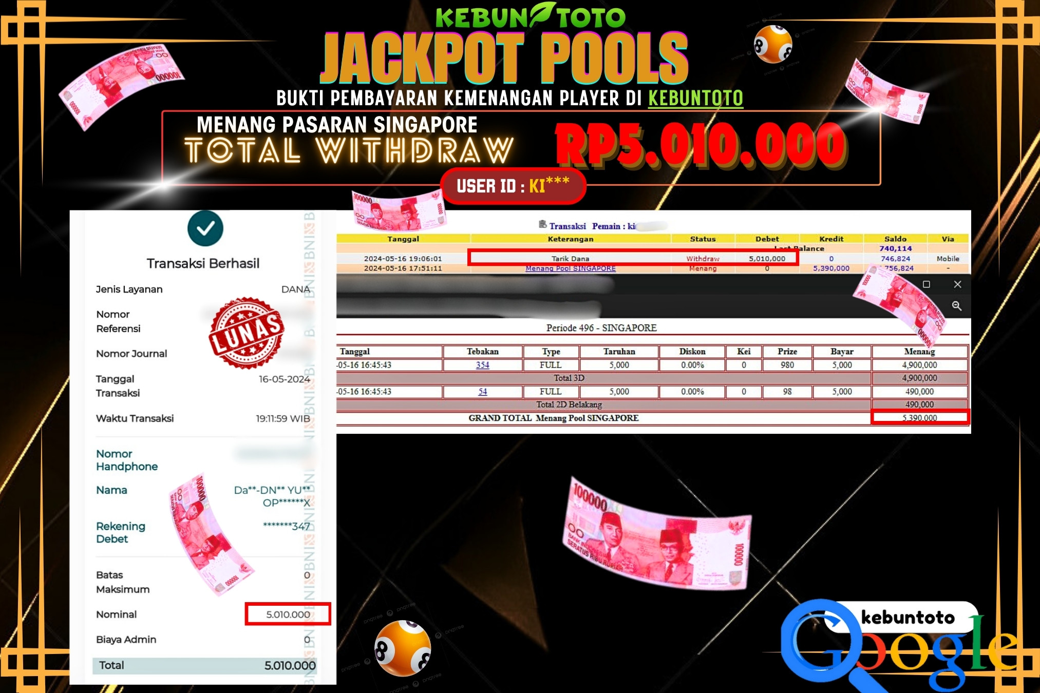 KEBUNTOTO JACKPOT TOGEL PASARAN SINGAPORE Rp.5.010.000,- LUNAS