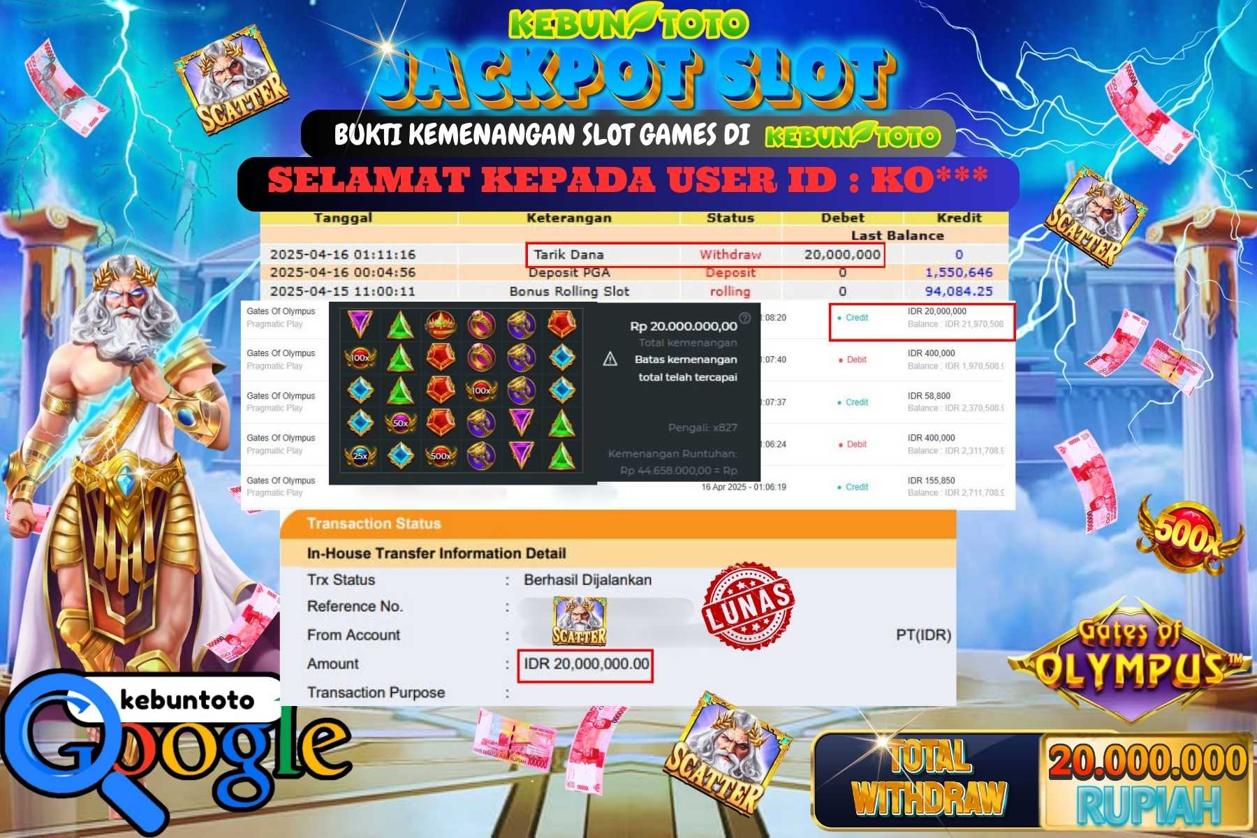 KEBUNTOTO JACKPOT, SLOT GATES OF OLYMPUS Rp 20.000.000,- LUNAS