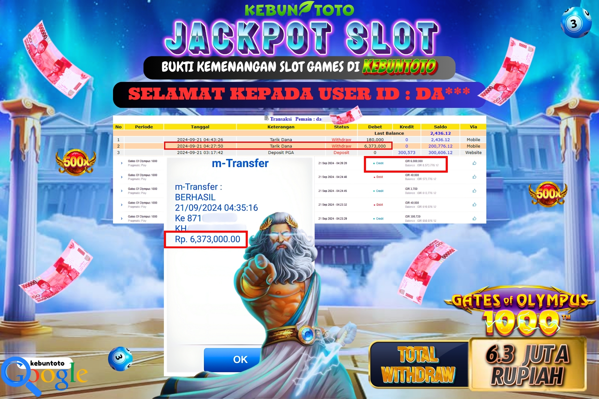 KEBUNTOTO JACKPOT SLOT GATES OF OLYMPUS 1000 Rp.6.373.000,- LUNAS