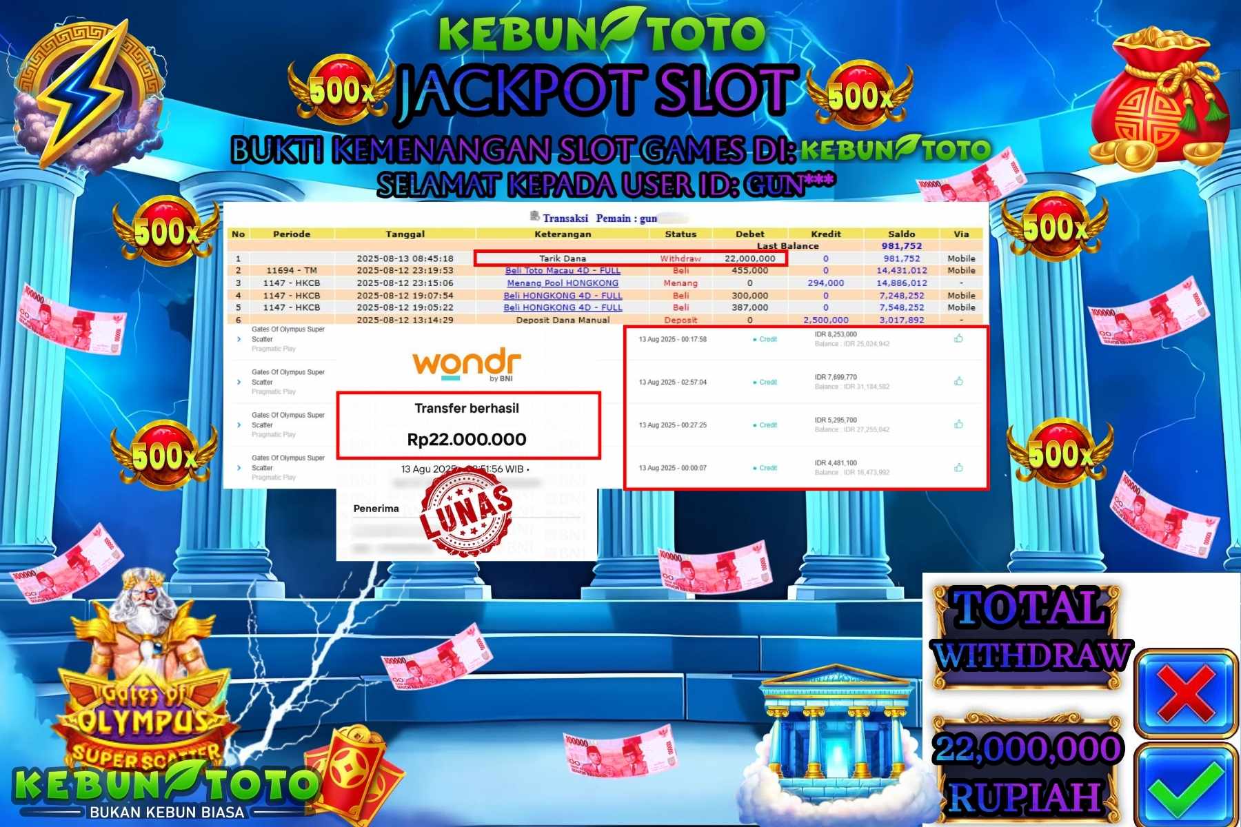 Bukti Kemenangan Rp 22.000.000 SLOT GATES OF OLYMPUS SUPER SCATER di KEBUNTOTO!