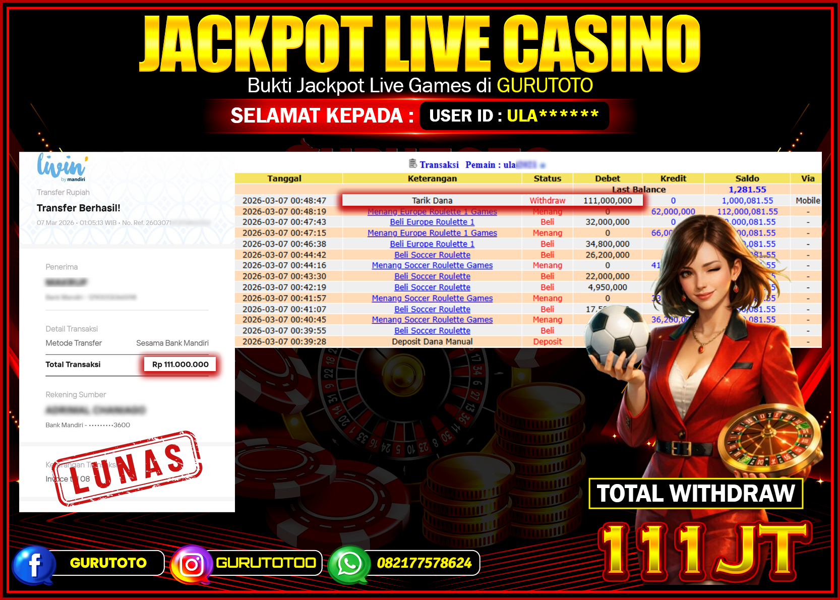 Bukti Kemenangan Rp 111.000.000 LIVE CASINO di GURUTOTO !