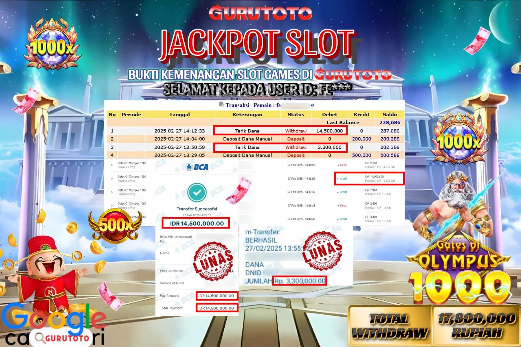 Jackpot Slot Gates of Olympus 1000 di Gurutoto sebesar Rp.17.800.000 dibayar lunas.