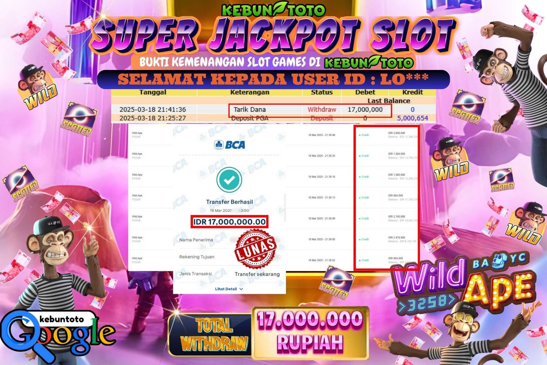 KEBUNTOTO JACKPOT, SLOT WILD APE Sebesar Rp 17.000.000,- LUNAS