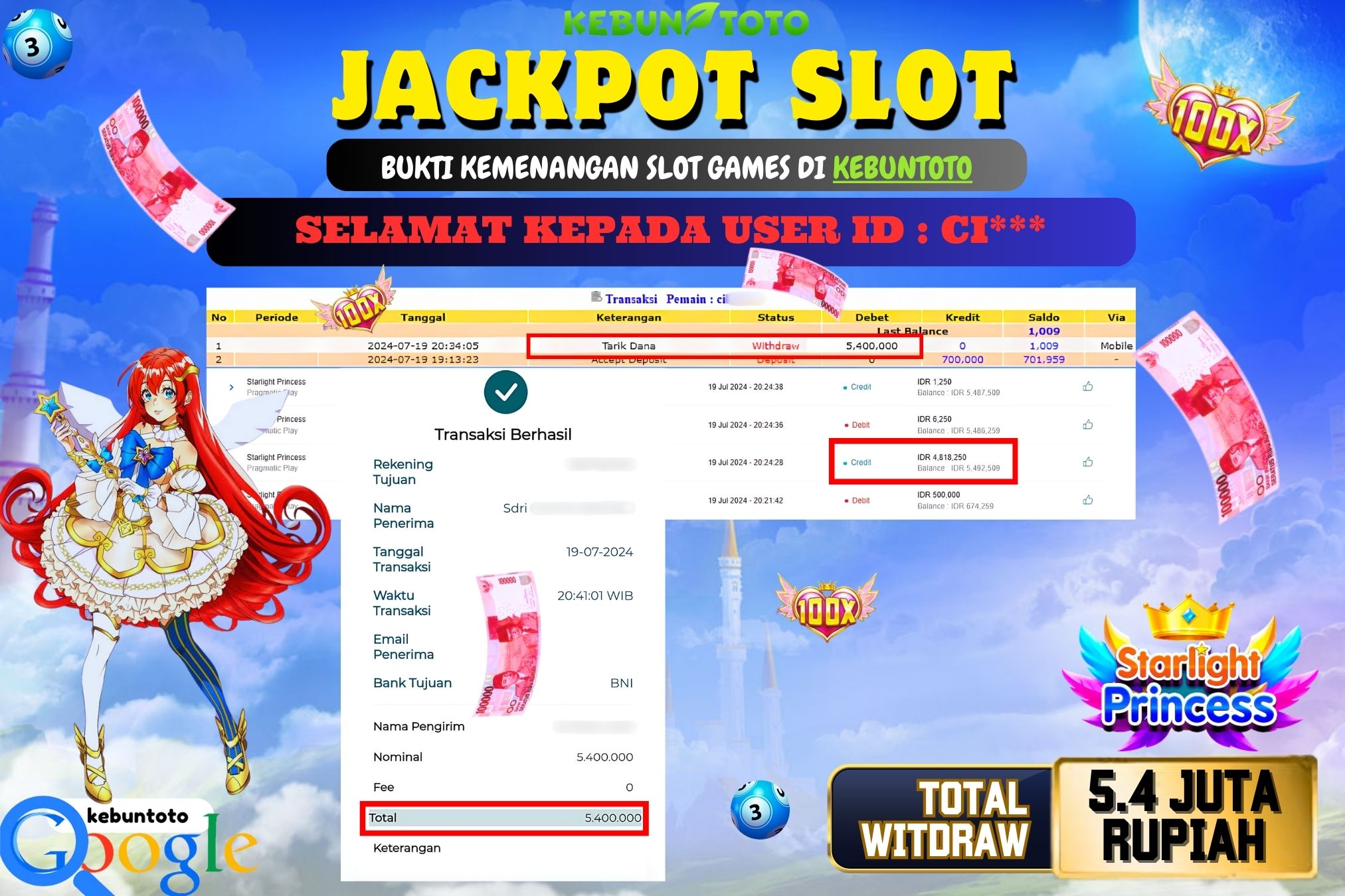 KEBUNTOTO JACKPOT SLOT STARLIGHT PRINCESS Rp.5.400.000,- LUNAS