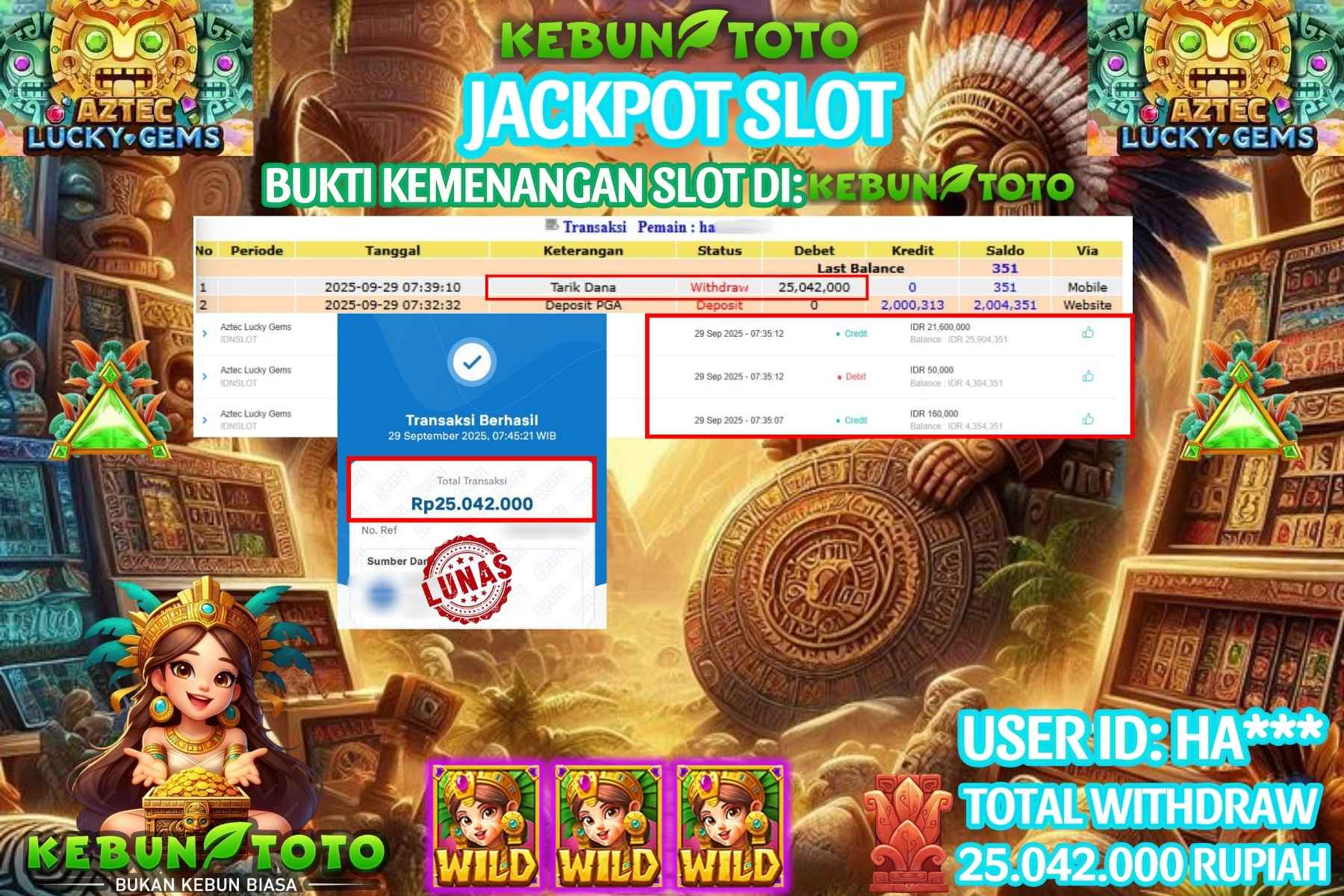 Bukti Kemenangan Rp 25.042.000 SLOT AZTEC LUCKY GEMS di KEBUNTOTO!