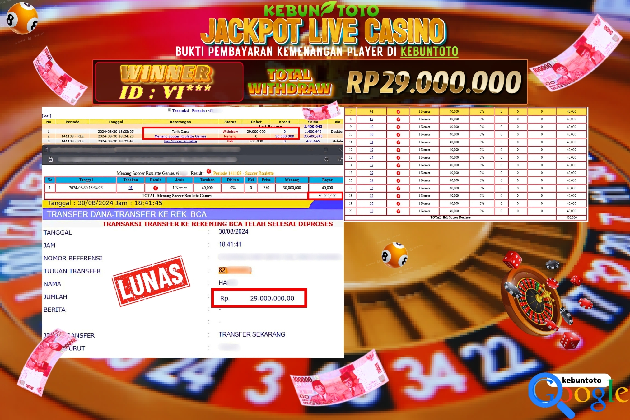 KEBUNTOTO JACKPOT LIVE CASINO ROULETTE Rp.29.000.000,- LUNAS