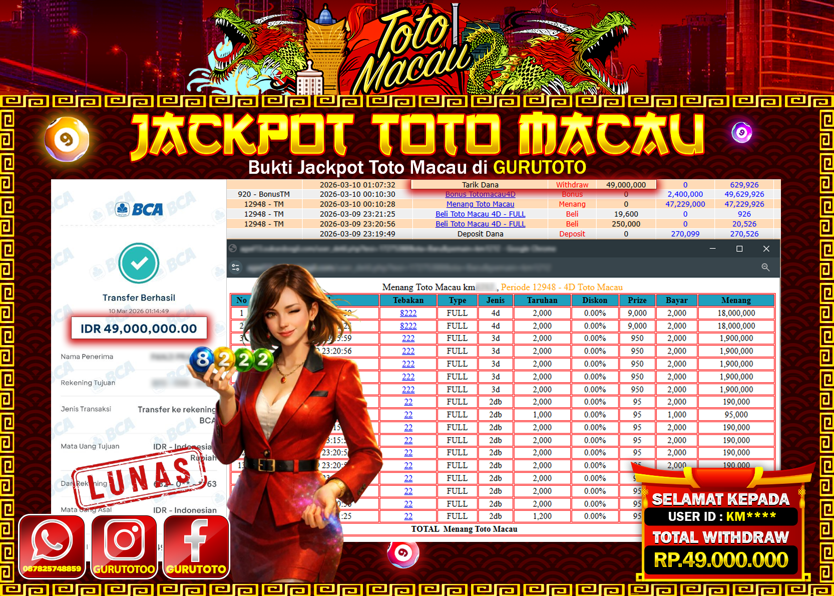 Bukti Kemenangan Rp 49.000.000 TOTO MACAU 4D di GURUTOTO !