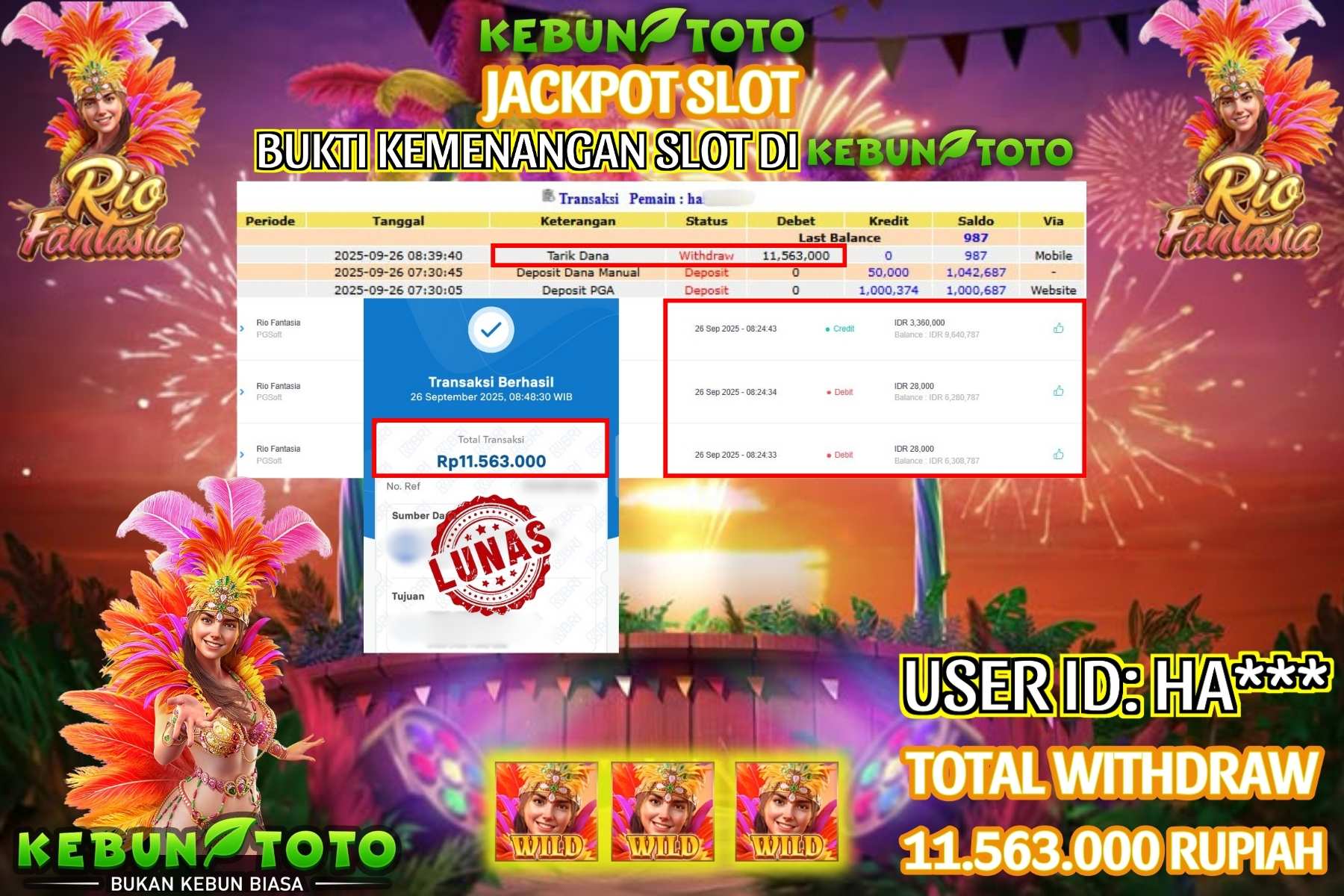 Bukti Kemenangan Rp 11.563.000 SLOT RIO FANTASIA di KEBUNTOTO!
