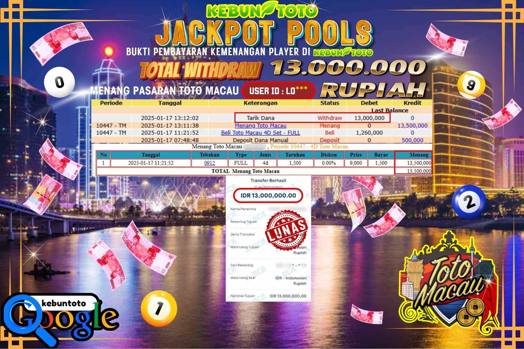 KEBUNTOTO JACKPOT TOTO MACAU POOLS , Sebesar Rp.13.000.000,- LUNAS