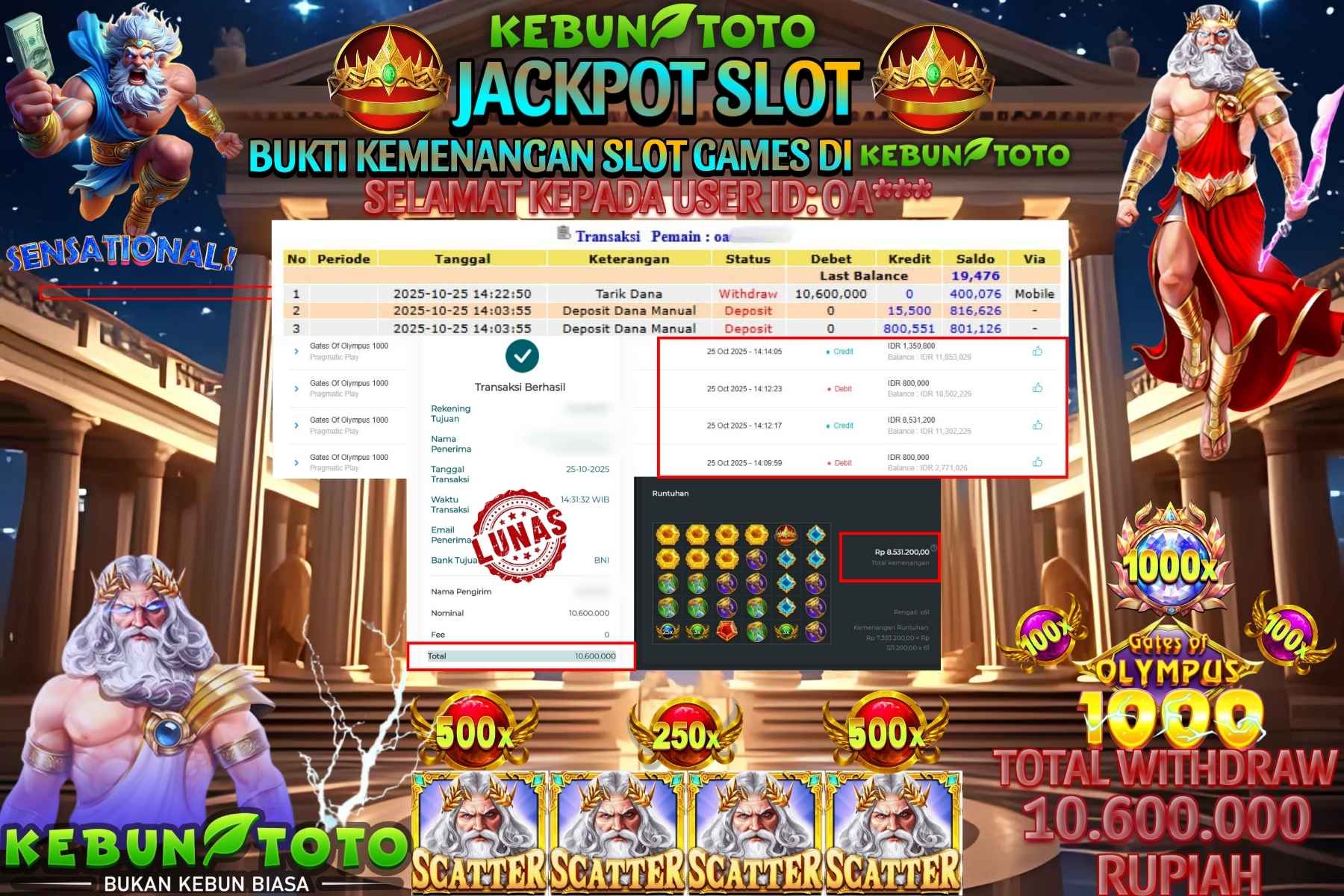 Bukti Kemenangan Rp 10.600.000 SLOT GATES OF OLYMPUS 1000 di KEBUNTOTO!