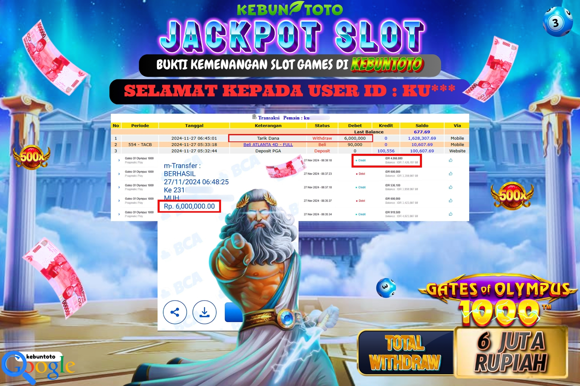 KEBUNTOTO JACKPOT SLOT GATES OF OLYMPUS 1000 Rp.6.000.000,- LUNAS
