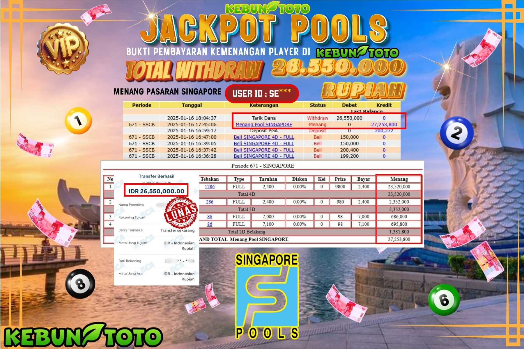 KEBUNTOTO JACKPOT TOTO SINGAPORE POOLS , Sebesar Rp.26.550.000,- LUNAS
