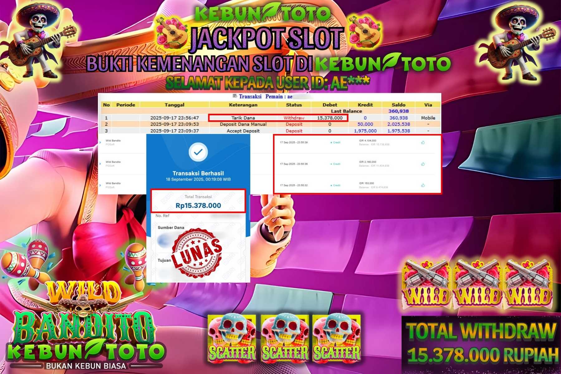 Bukti Kemenangan Rp 15.378.000 SLOT WILD BANDITO di KEBUNTOTO!