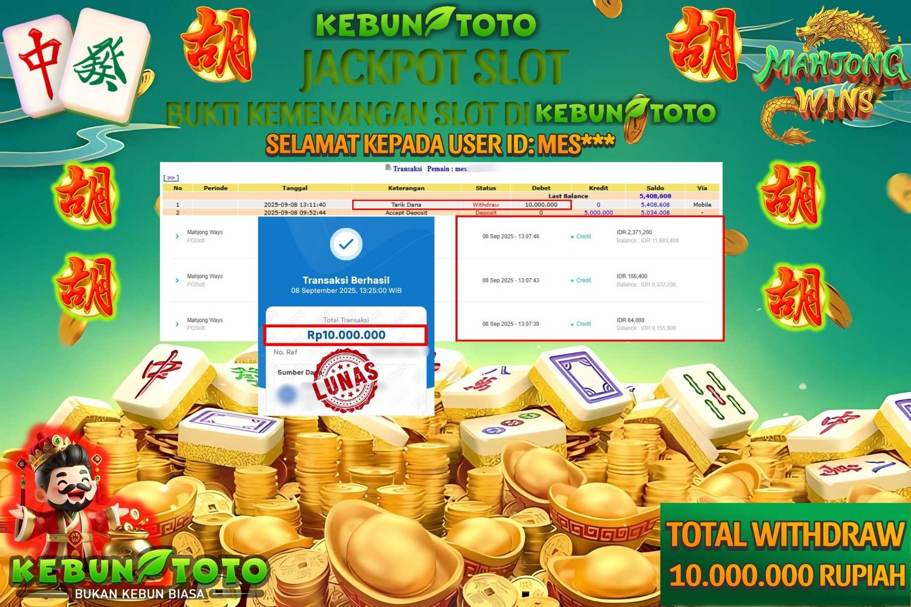 Bukti Kemenangan Rp 10.000.000 SLOT MAHJONG WAYS di KEBUNTOTO!