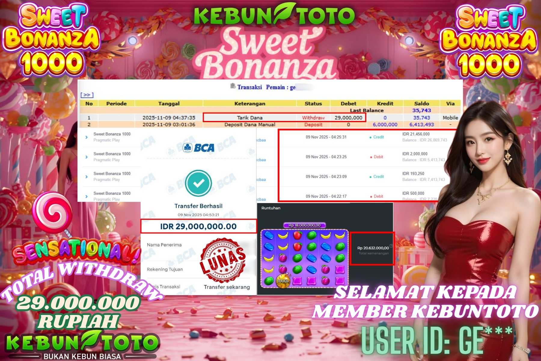 Bukti Kemenangan Rp 29.000.000 SLOT SWEET BONANZA 1000 di KEBUNTOTO!
