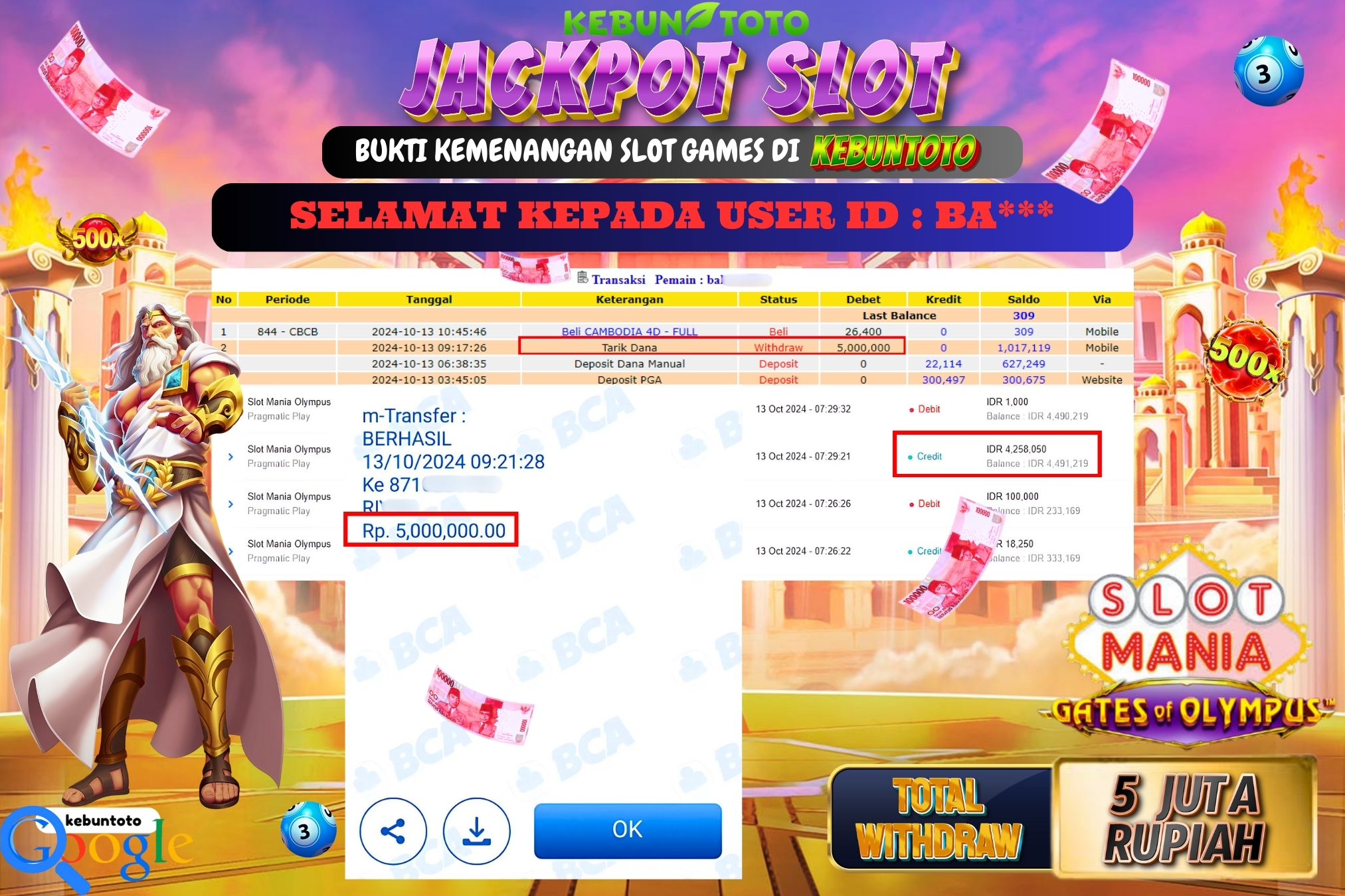 KEBUNTOTO JACKPOT SLOT MANIA OLYMPUS Rp.5.000.000,- LUNAS