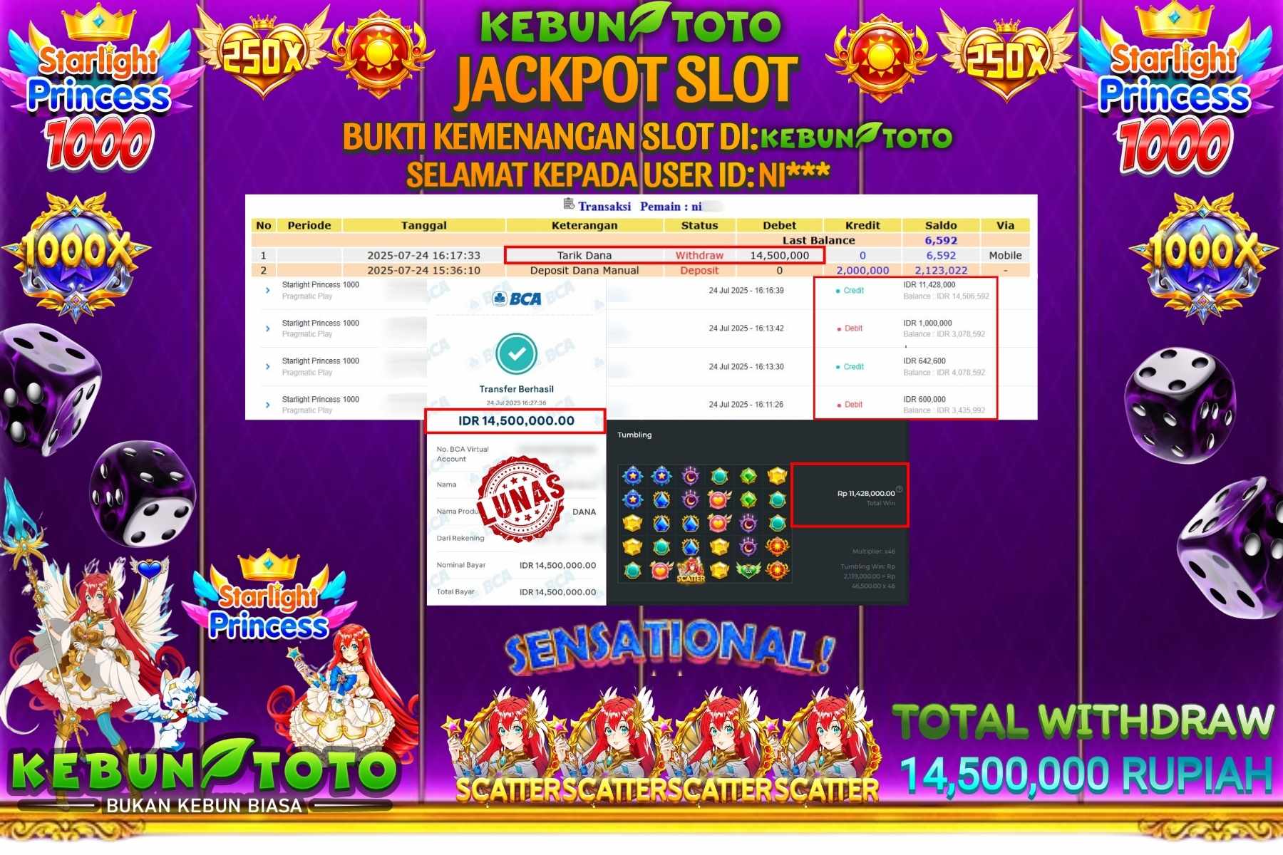 Bukti Kemenangan Rp 14.500.000 SLOT STARLIGHT PRINCESS 1000 di KEBUNTOTO!