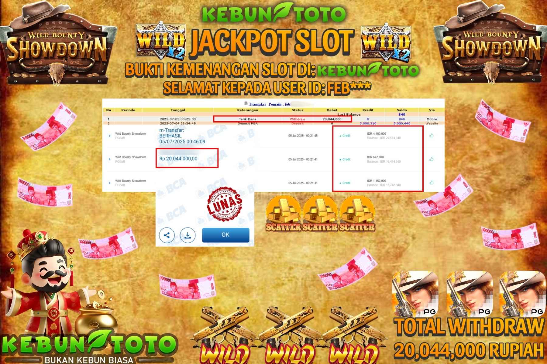 Bukti Kemenangan Rp 20.044.000 SLOT WILD BOUNTY SHOWDOWN di KEBUNTOTO!