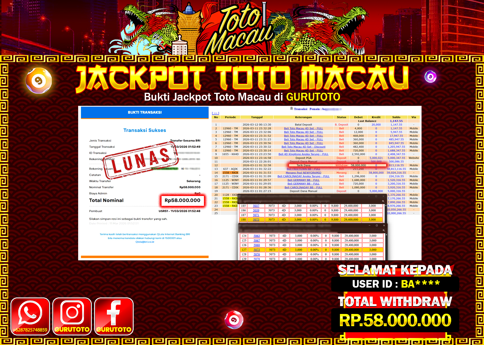 Bukti Kemenangan Rp 58.000.000 TOTO MACAU 4D di GURUTOTO !