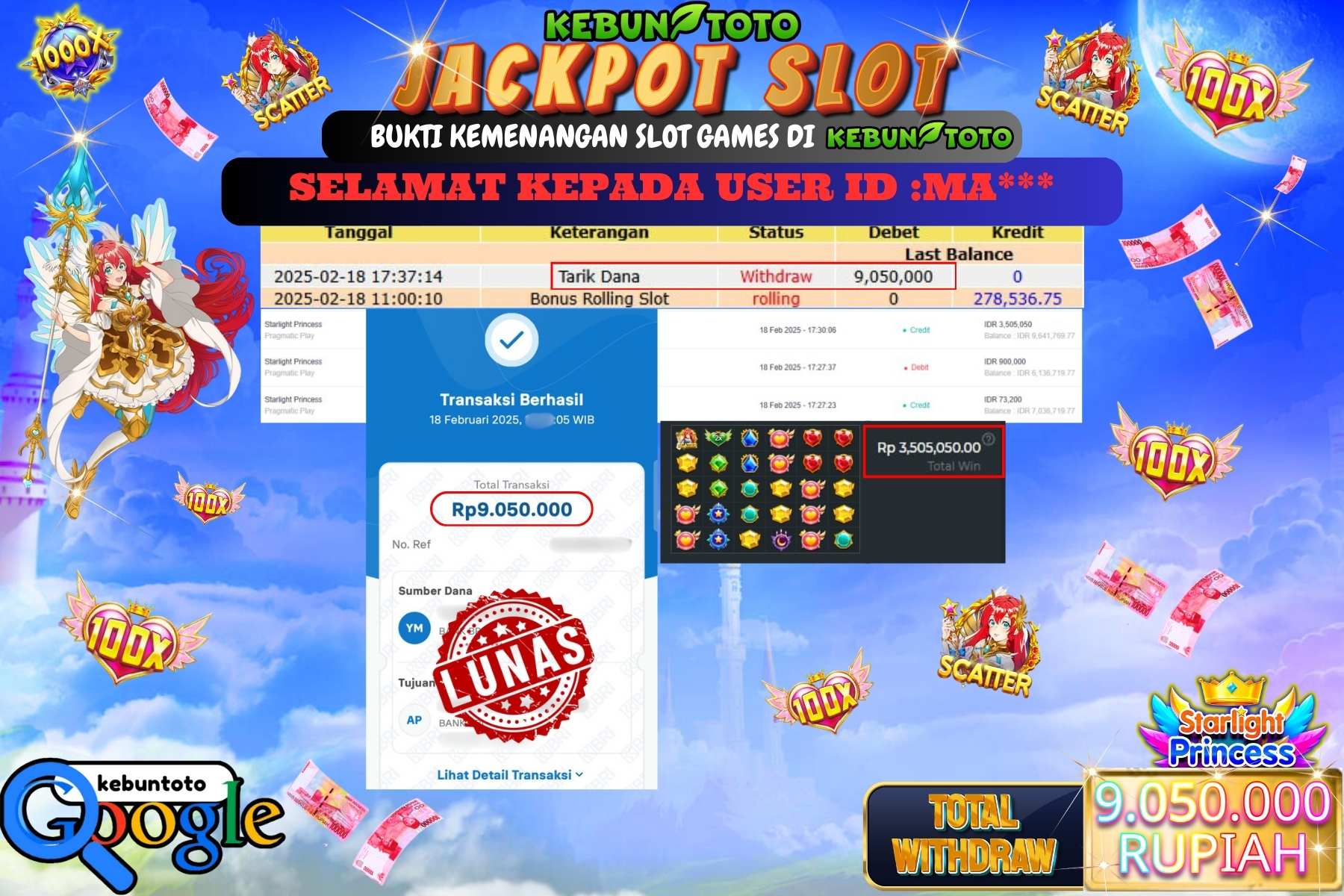 KEBUNTOTO JACKPOT, SLOT STARLIGHT PRINCESS , Sebesar Rp 9.050.000,- LUNAS