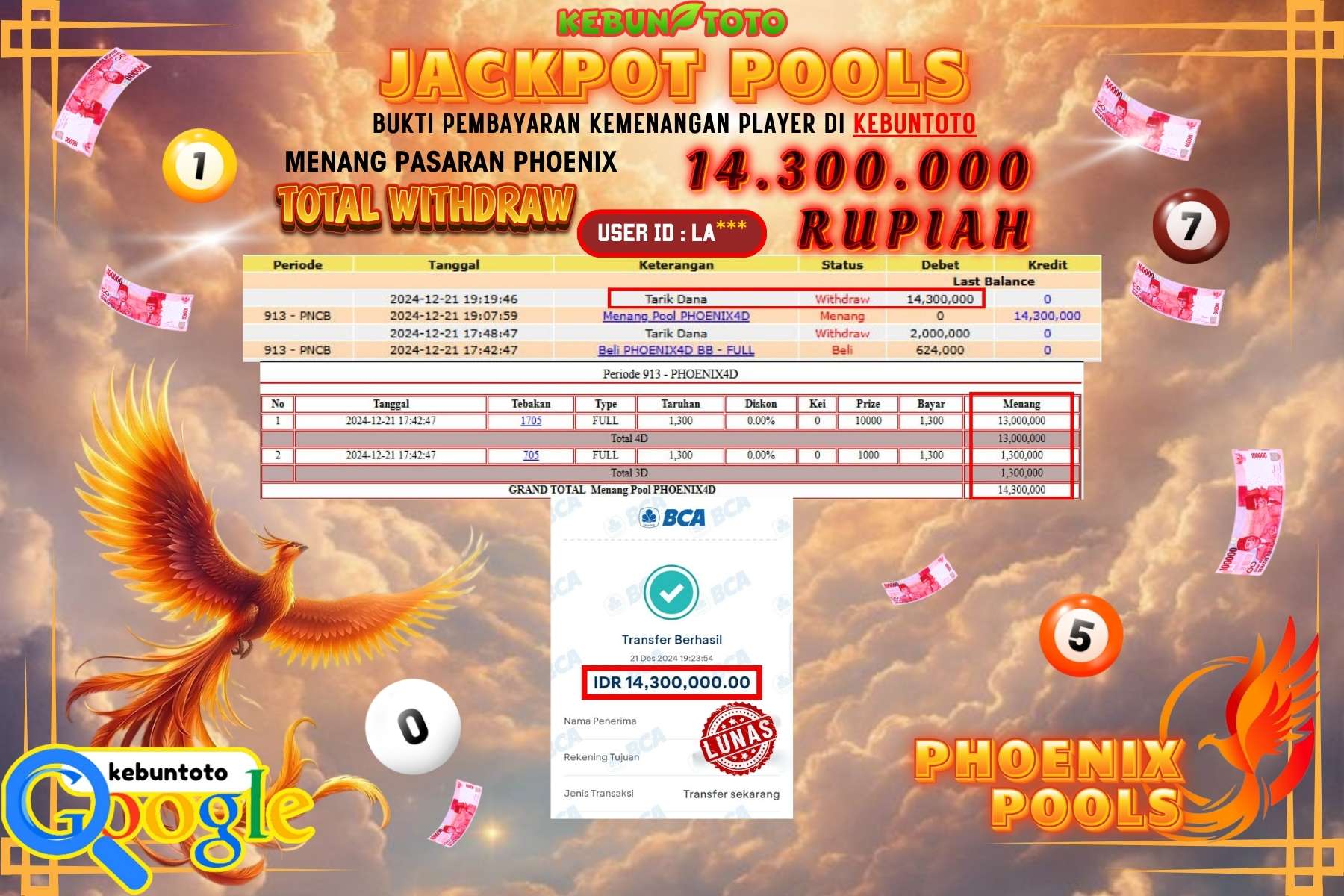 KEBUNTOTO JACKPOT TOTO PHOENIX POOLS , Sebesar Rp.14.300.000,- LUNAS