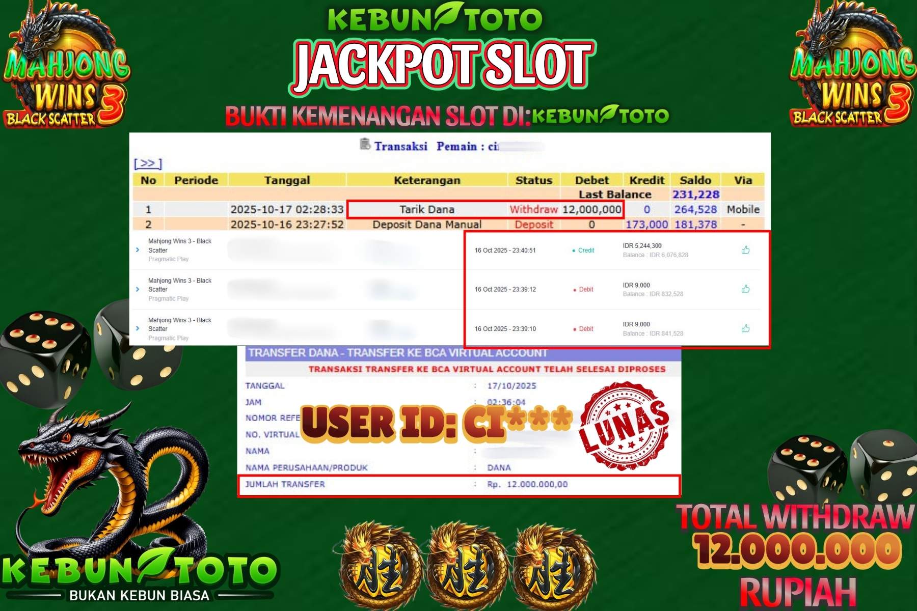 Bukti Kemenangan Rp 12.000.000 SLOT MAHJONG WINS 3 BLACK SCATTER di KEBUNTOTO!