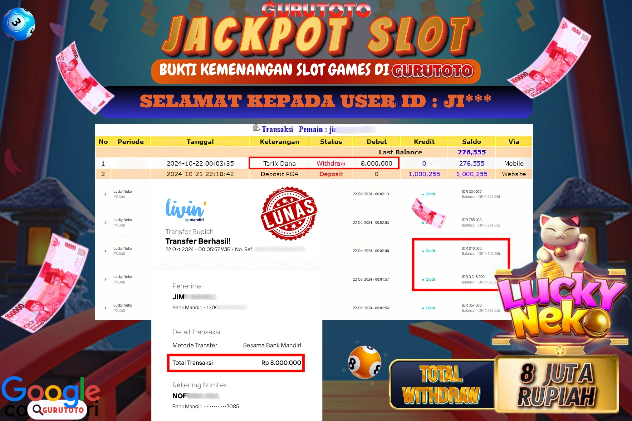 Jackpot Slot Lucky Neko di Gurutoto sebesar Rp.8.000.000 dibayar lunas.
