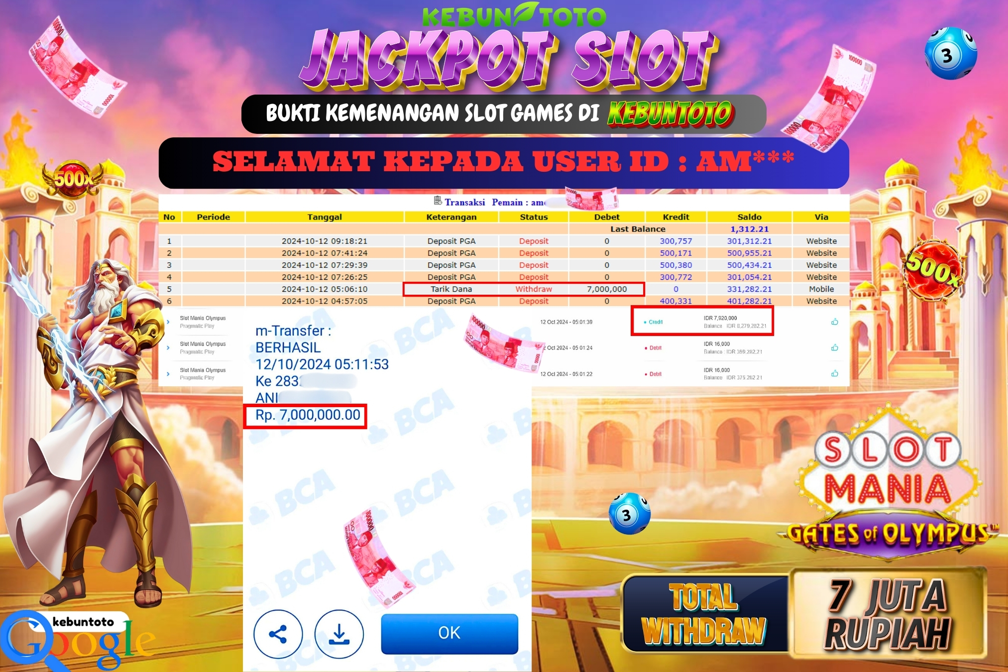 KEBUNTOTO JACKPOT SLOT MANIA OLYMPUS Rp.7.000.000,- LUNAS