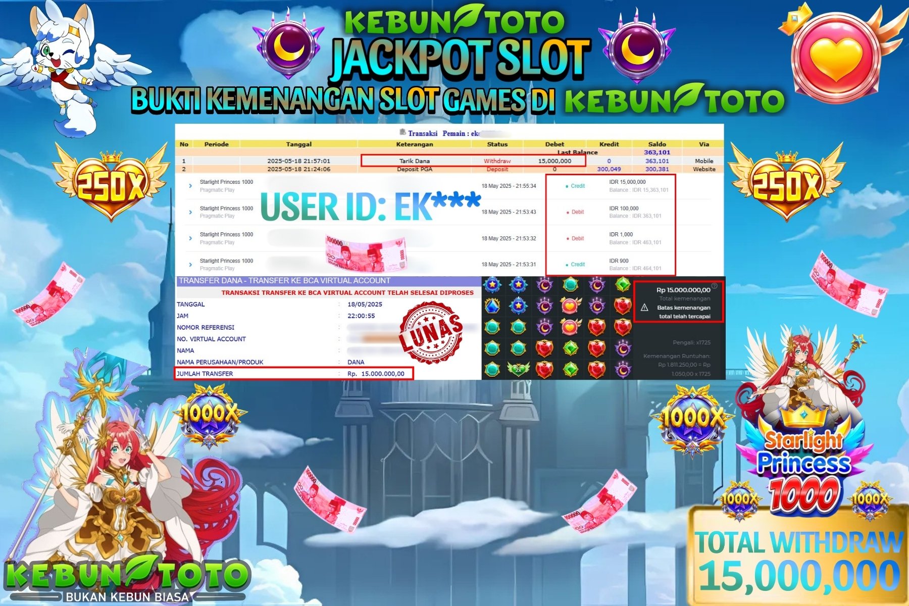 KEBUNTOTO JACKPOT SLOT STARLIGHT PRINCESS 1000 Rp 15.000.000 ,- LUNAS