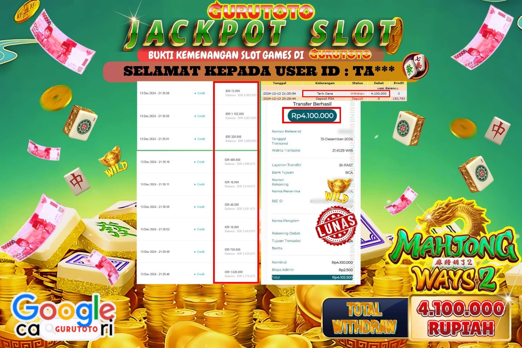 Jackpot SLOT MAHJONG WAYS 2  di GURUTOTO sebesar Rp.4.100.000,- dibayar lunas.