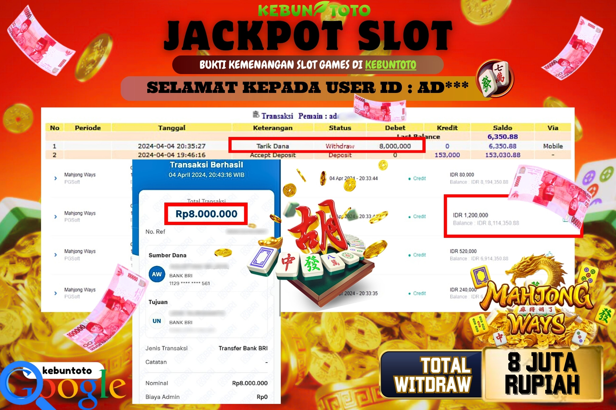 KEBUNTOTO JACKPOT SLOT MAHJONG WAYS Rp.8.000.000,- LUNAS