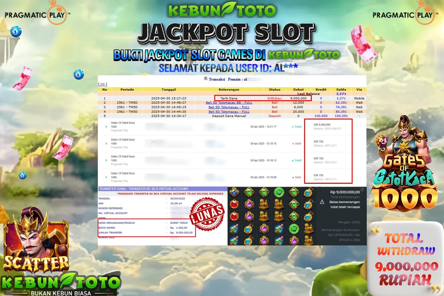 KEBUNTOTO JACKPOT SLOT GATES OF GATOT KACA 1OOO Rp 9.000.000 ,- LUNAS