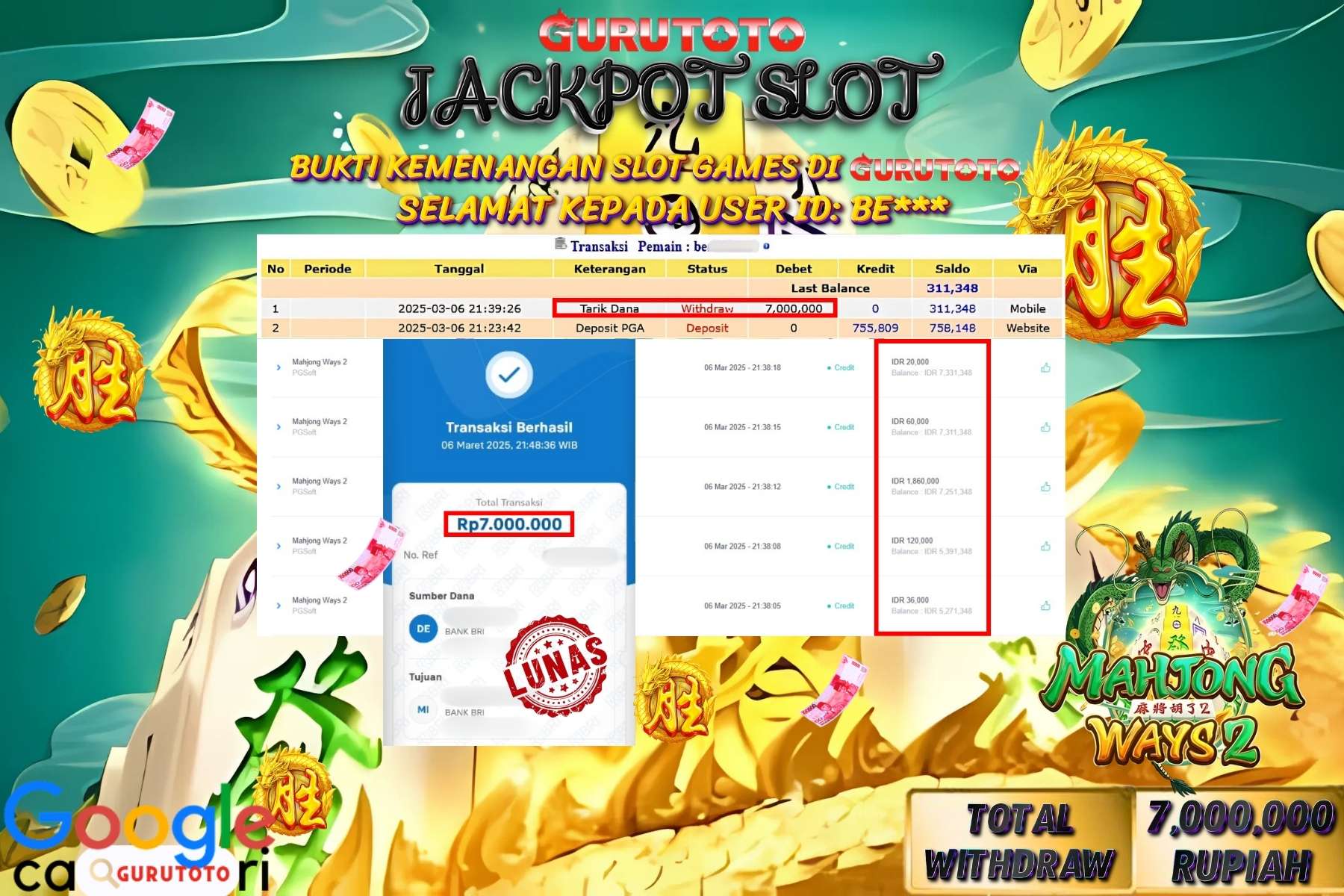 GURUTOTO JACKPOT, MAHJONG WAYS 2  , Sebesar Rp 7.000.000,- LUNAS