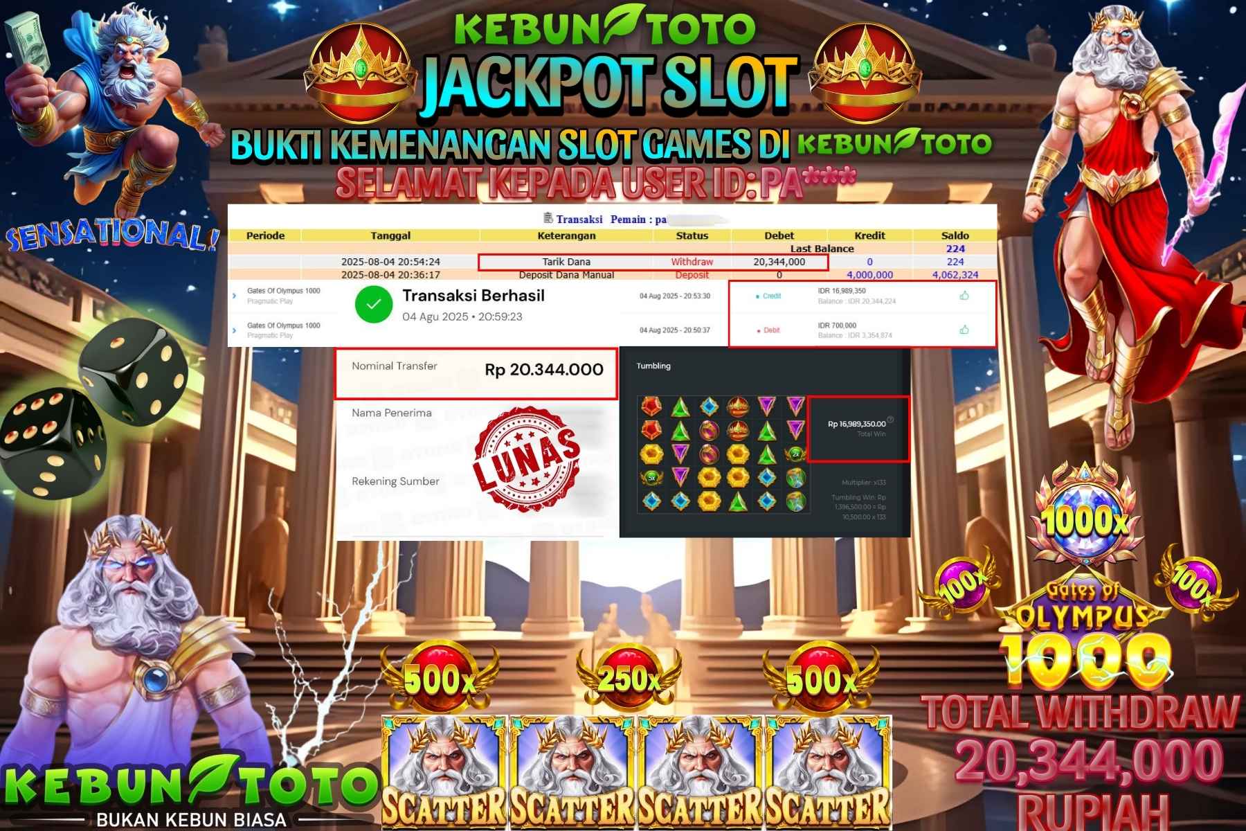 Bukti Kemenangan Rp 20.344.000 SLOT GATES OF OLYMPUS 1000 di KEBUNTOTO!