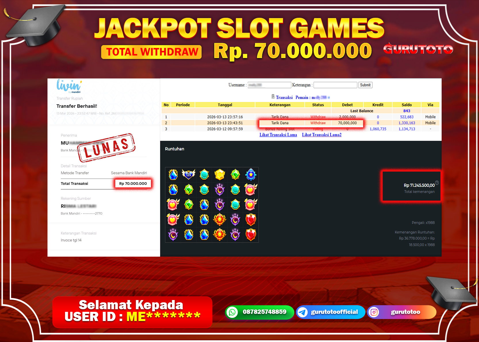 Bukti Kemenangan Rp 70.000.000 STARLIGHT PRINCESS di GURUTOTO !