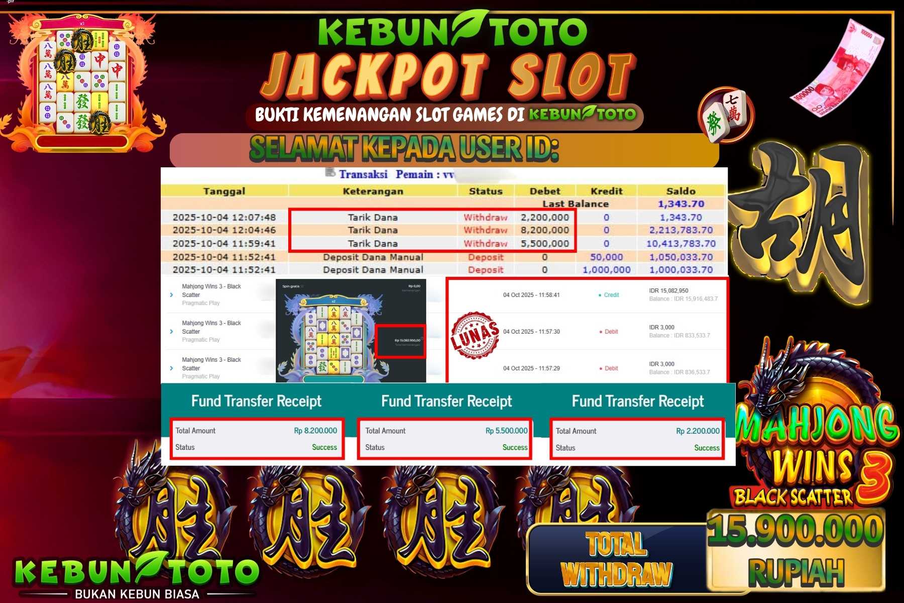 Bukti Kemenangan Rp 15.900.000 SLOT  SLOT MAHJONG WINS 3 BLACK SCATTER di KEBUNTOTO!