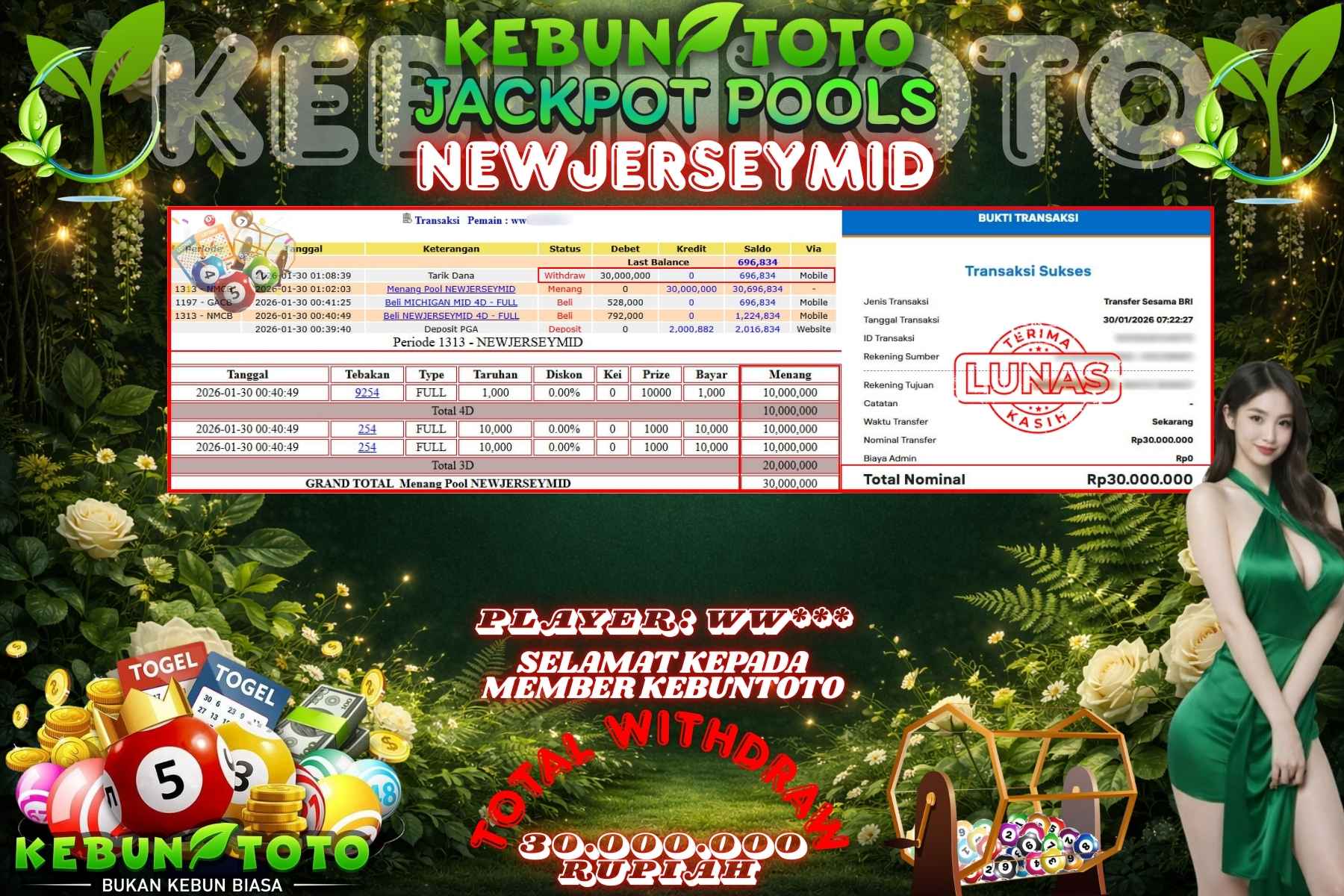 Bukti Kemenangan Rp 30.000.000 TOGEL NEWJERSEYMID di KEBUNTOTO!