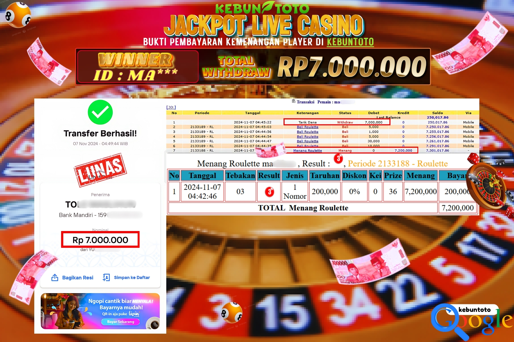 KEBUNTOTO JACKPOT LIVE CASINO ROULETTE Rp.7.000.000,- LUNAS
