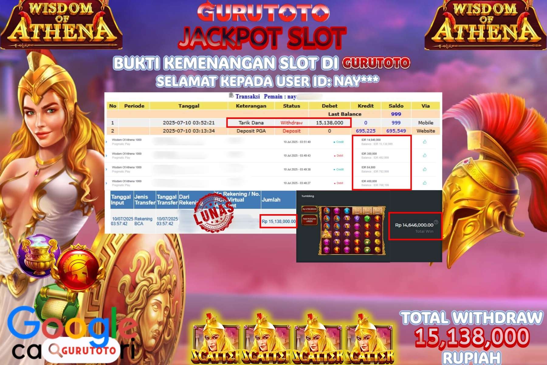 Bukti Kemenangan Rp 15.138.000 SLOT WISDOM OF ATHENA 1000 di GURUTOTO!