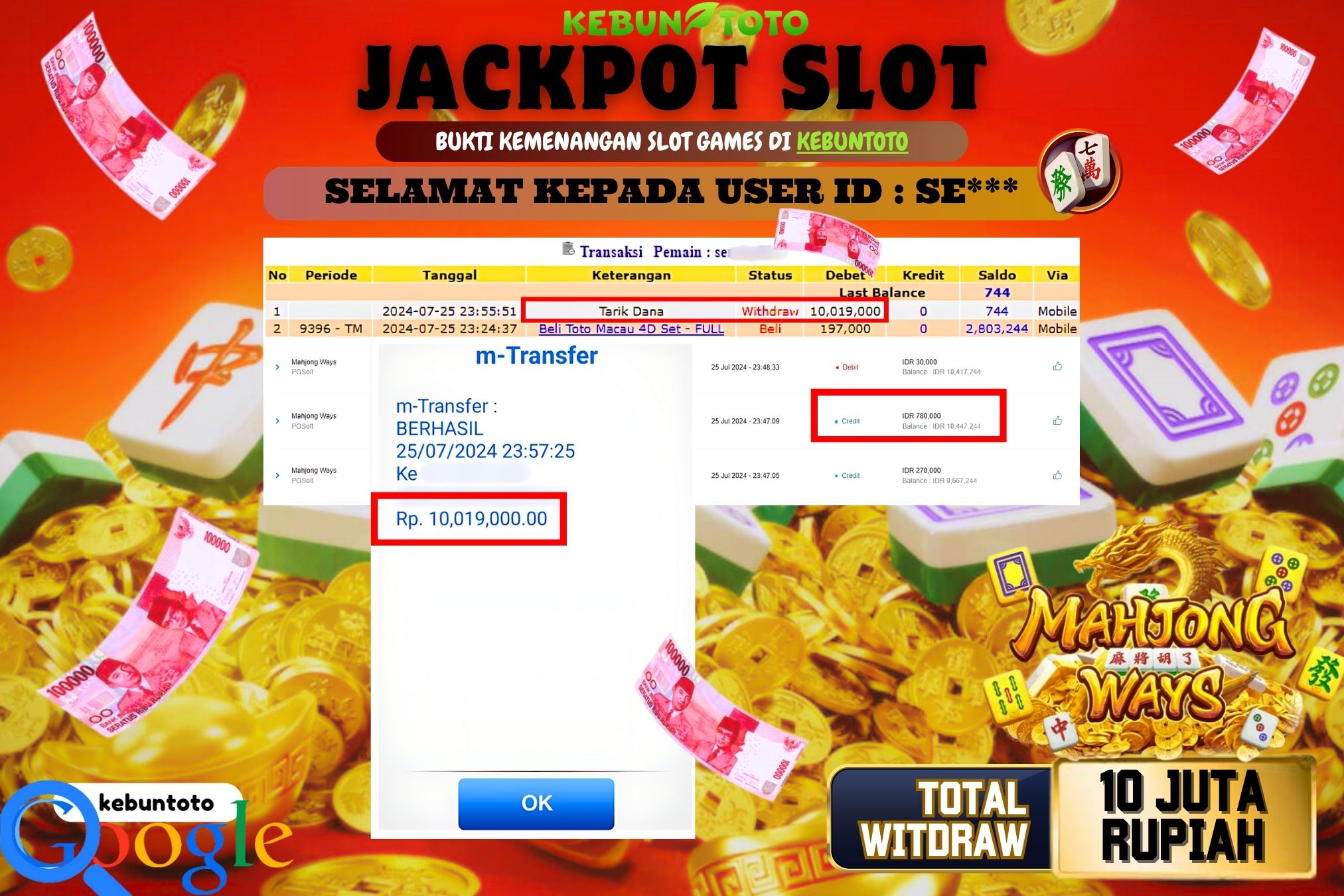 KEBUNTOTO JACKPOT SLOT MAHJONG WAYS Rp.10.000.000,- LUNAS