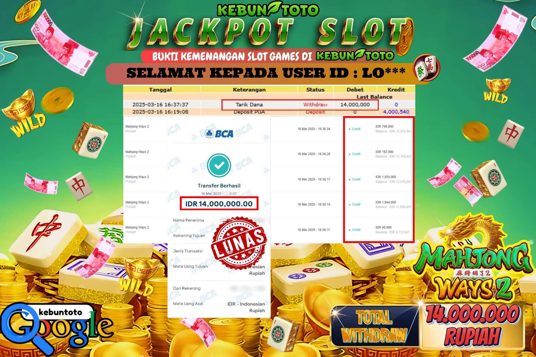 KEBUNTOTO JACKPOT, SLOT MAHJONG WAYS 2 Sebesar Rp 14.000.000,- LUNAS